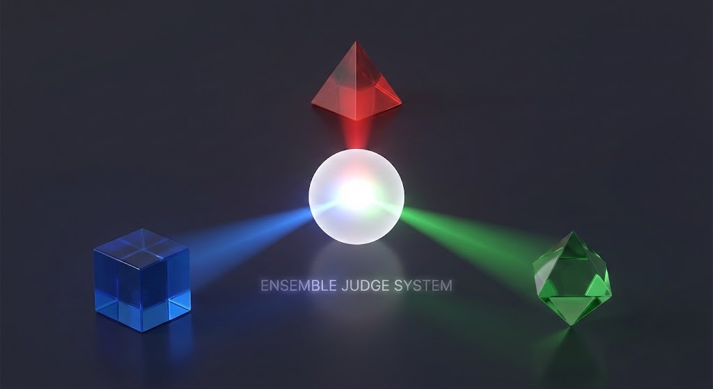 Illustrates the LLM-as-a-Judge pillar, specifically the concept of ensemble judging and consensus.